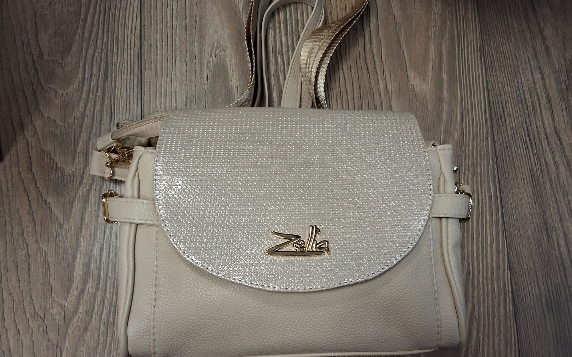 Női válltáska, crossover jellegű test táska 26041 beige-arany-csillámos